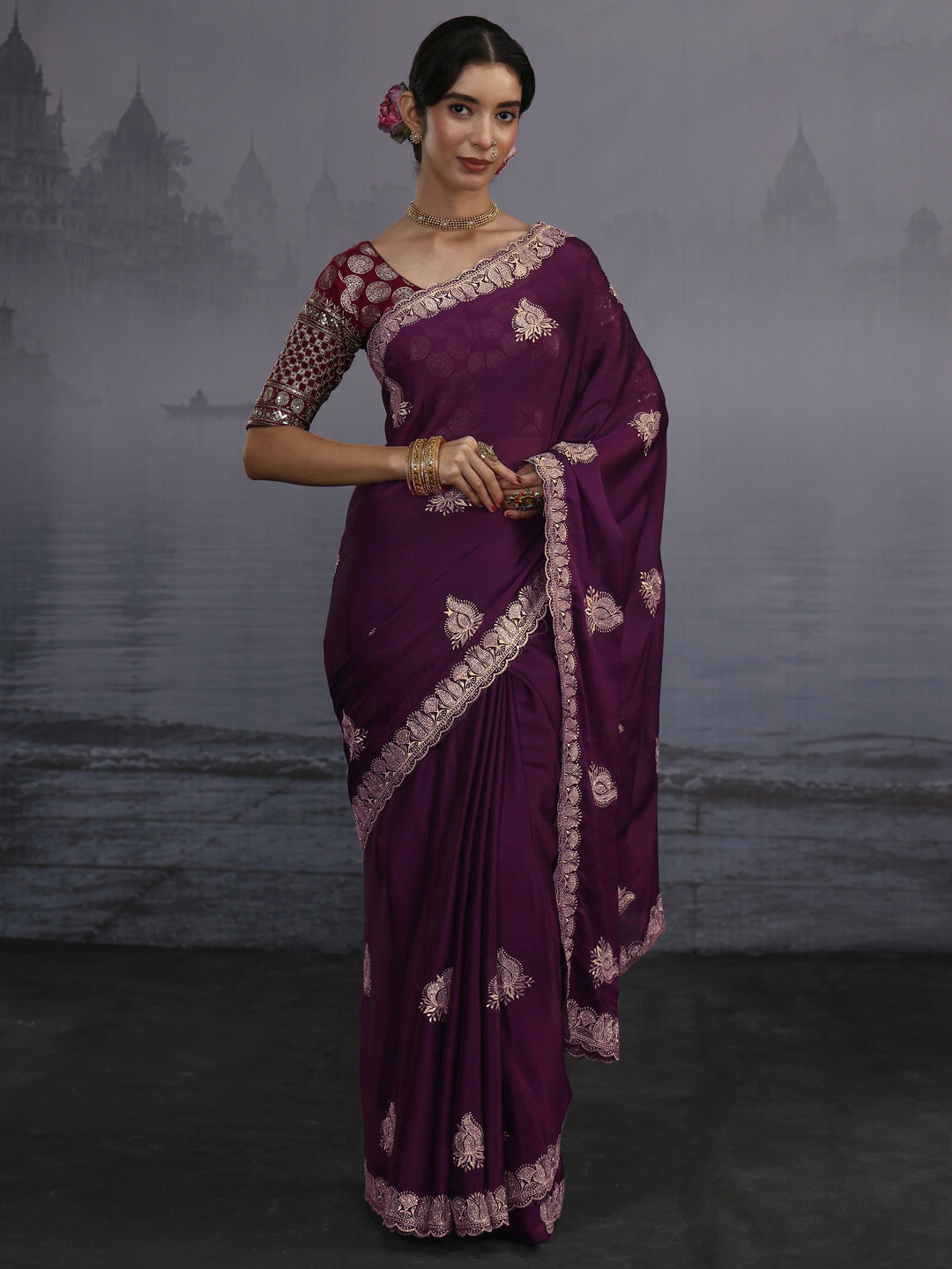  Libas Wine Stone Work Embellished Chiffon Saree 