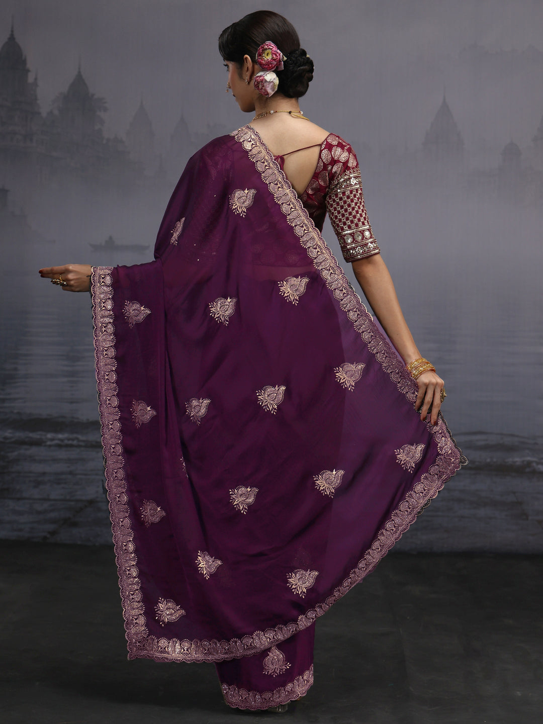  Libas Wine Stone Work Embellished Chiffon Saree 