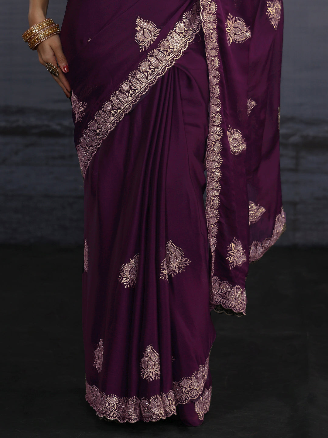  Libas Wine Stone Work Embellished Chiffon Saree 