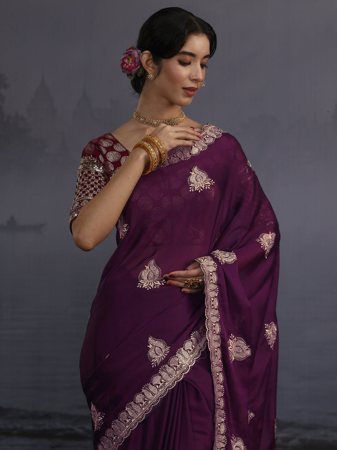  Libas Wine Stone Work Embellished Chiffon Saree 