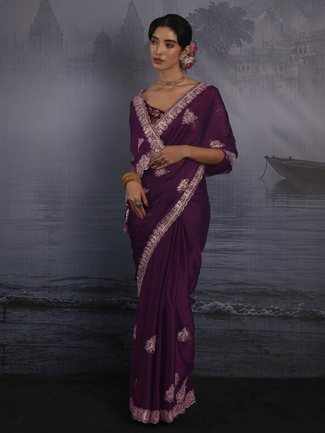  Libas Wine Stone Work Embellished Chiffon Saree 