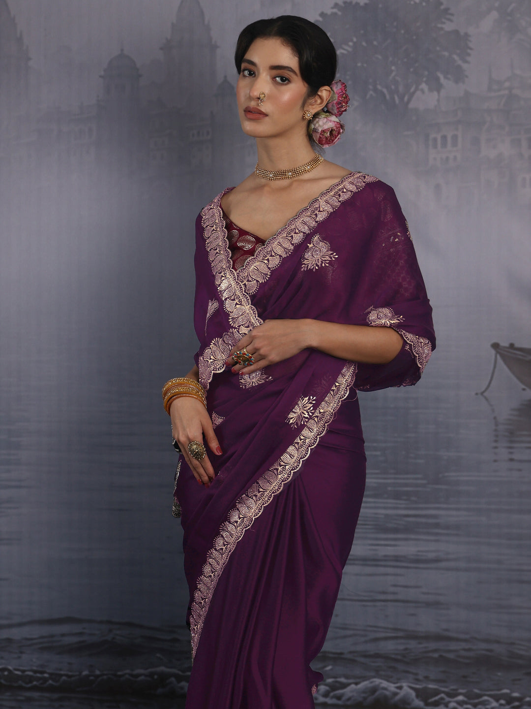  Libas Wine Stone Work Embellished Chiffon Saree 