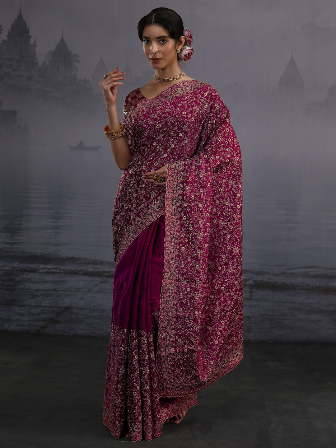  Libas Art Wine Floral Embroidered Tissue Saree 