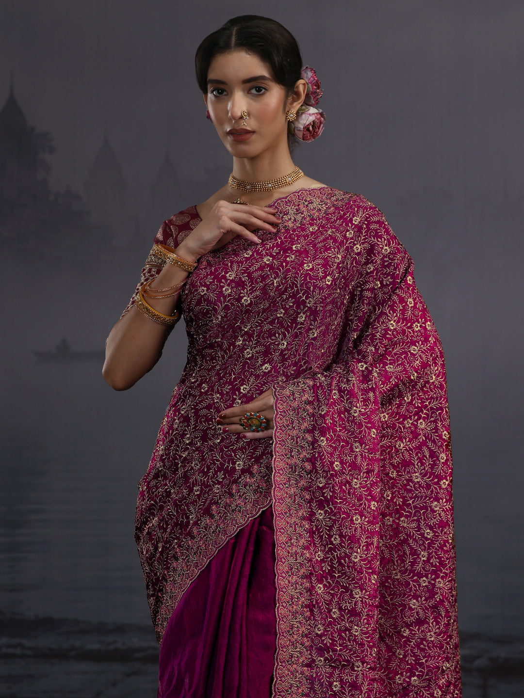  Libas Art Wine Floral Embroidered Tissue Saree 