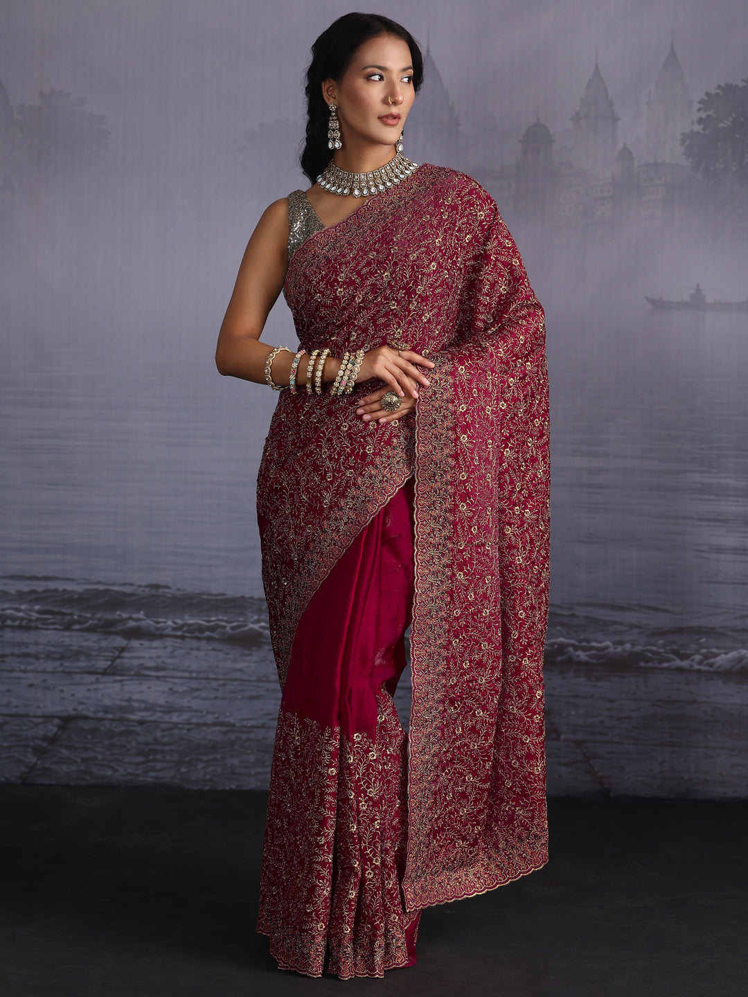  Libas Art Red Floral Embroidered Tissue Saree with Scalloped Border 