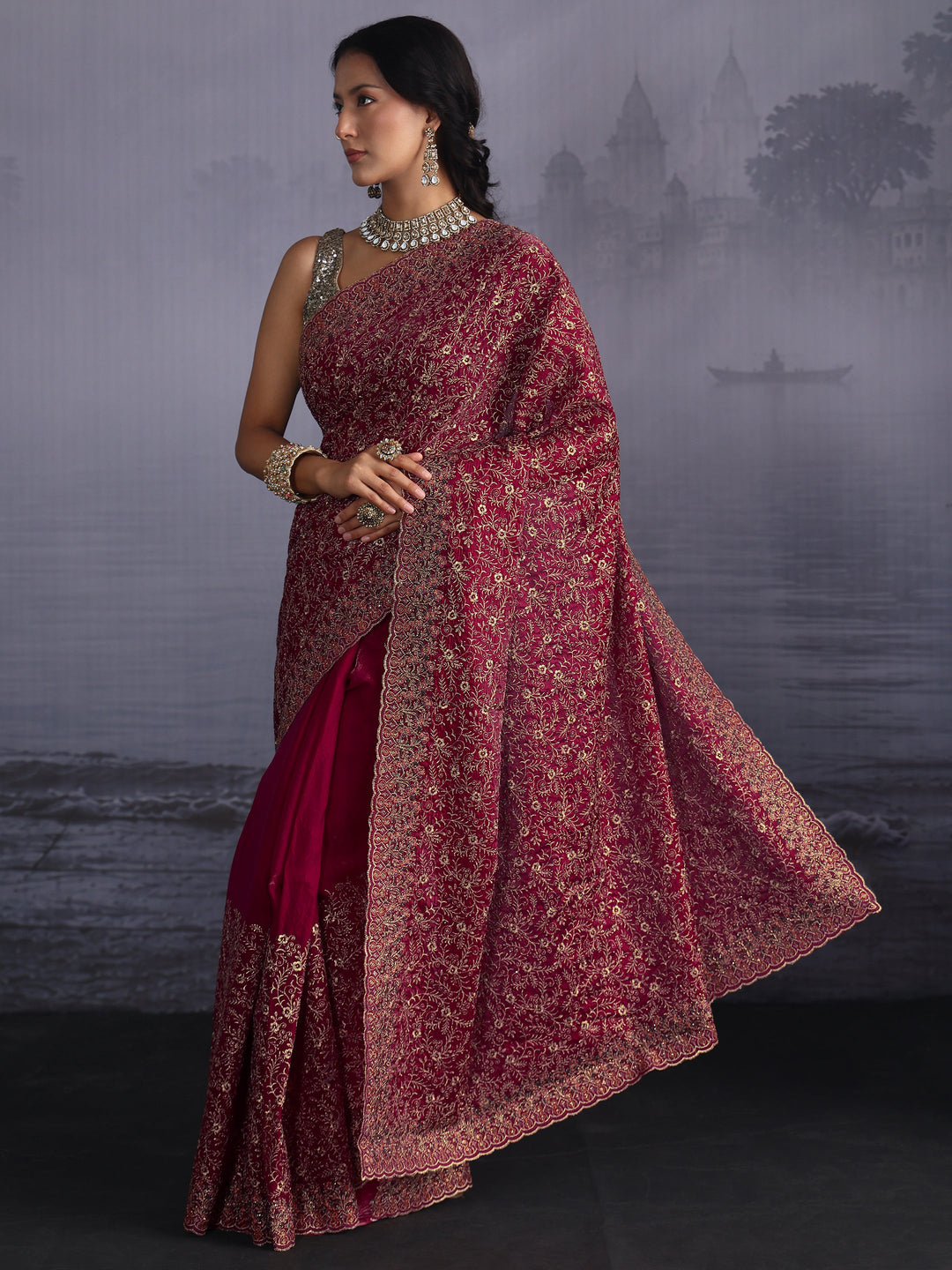  Libas Art Red Floral Embroidered Tissue Saree with Scalloped Border 