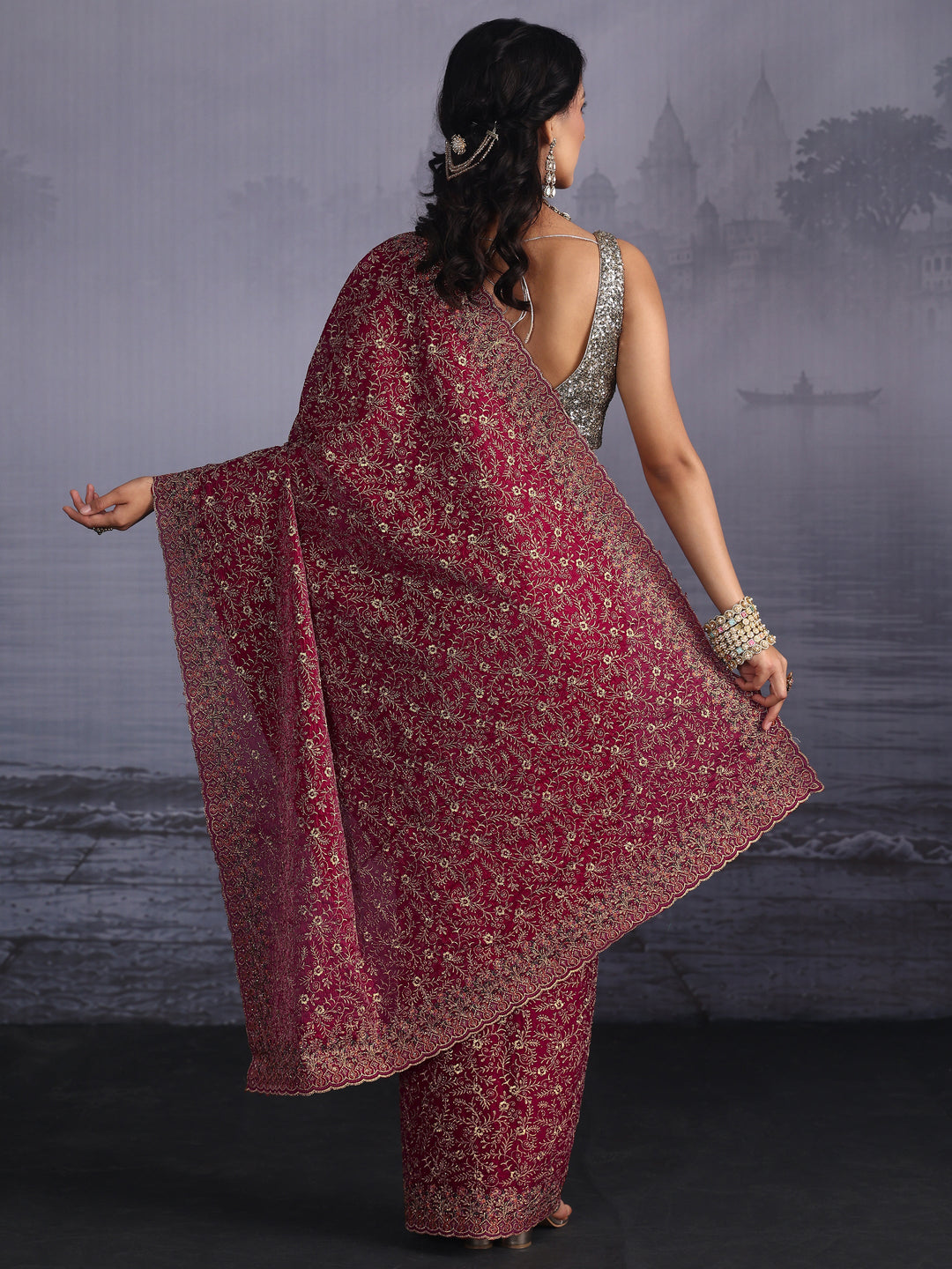  Libas Art Red Floral Embroidered Tissue Saree with Scalloped Border 