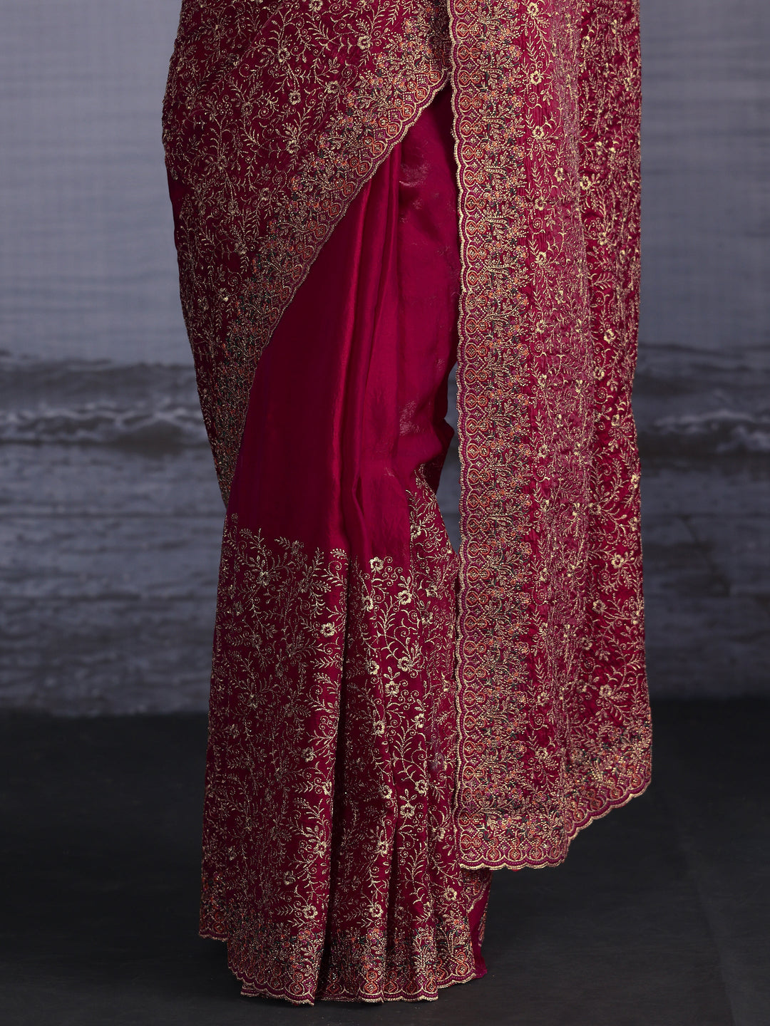  Libas Art Red Floral Embroidered Tissue Saree with Scalloped Border 