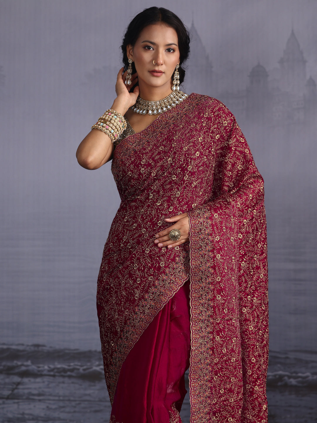  Libas Art Red Floral Embroidered Tissue Saree with Scalloped Border 