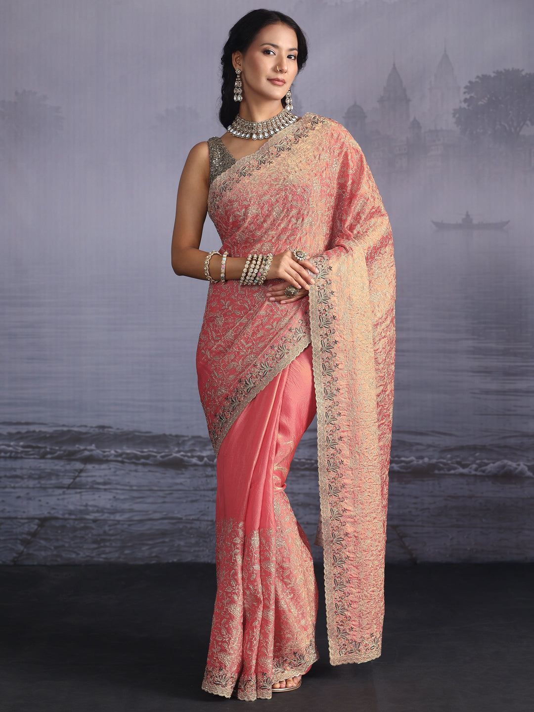  Libas Art Peach Pink Floral Embroidered Stone Work Tissue Saree 