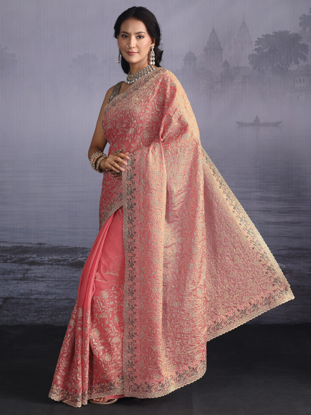  Libas Art Peach Pink Floral Embroidered Stone Work Tissue Saree 