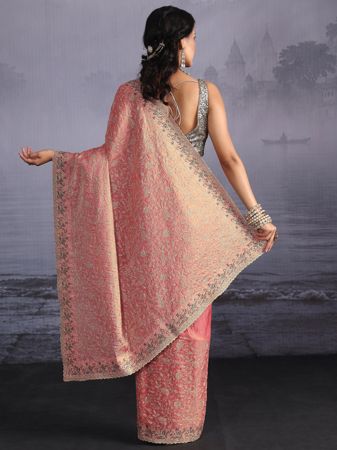  Libas Art Peach Pink Floral Embroidered Stone Work Tissue Saree 