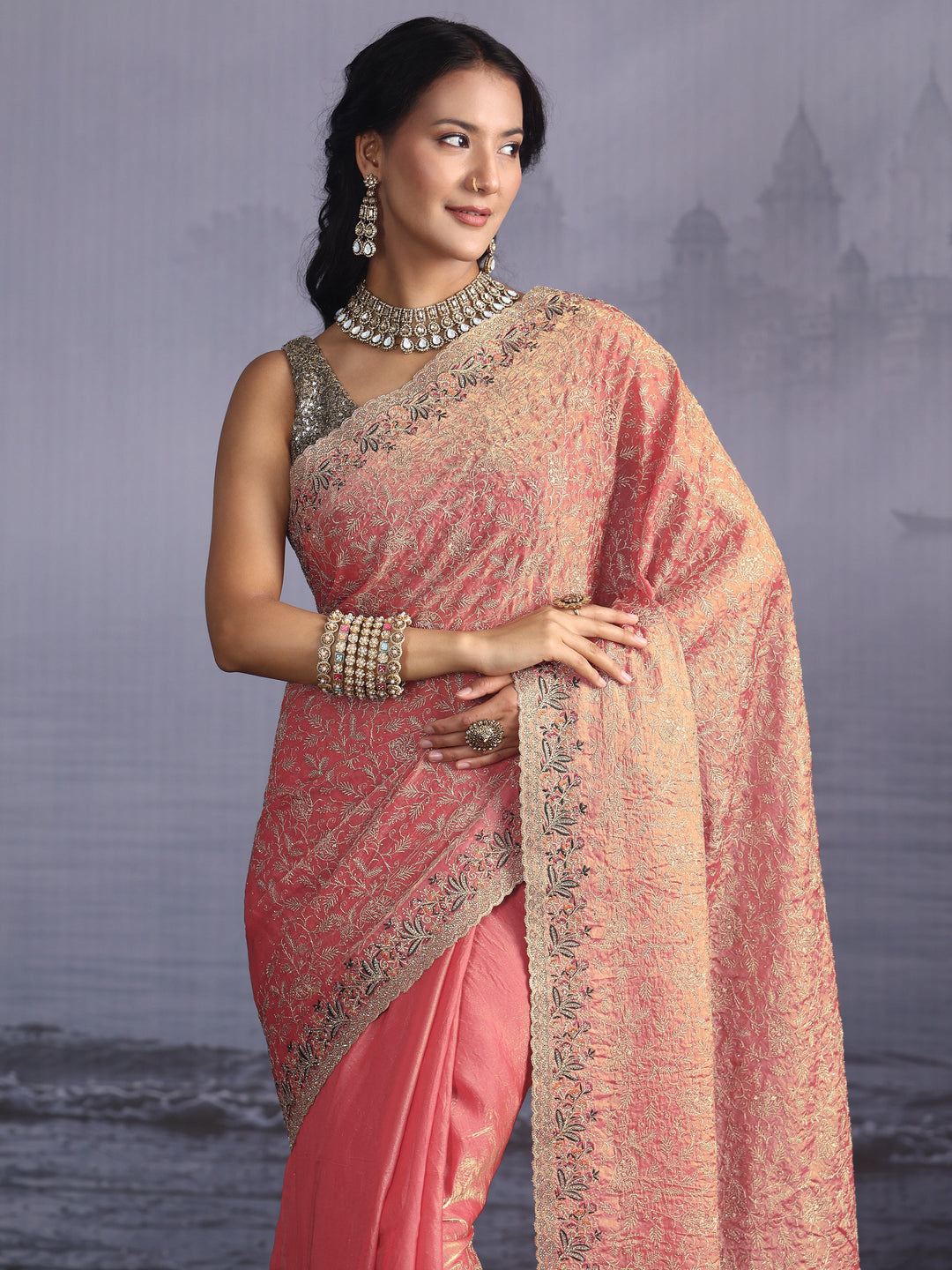  Libas Art Peach Pink Floral Embroidered Stone Work Tissue Saree 