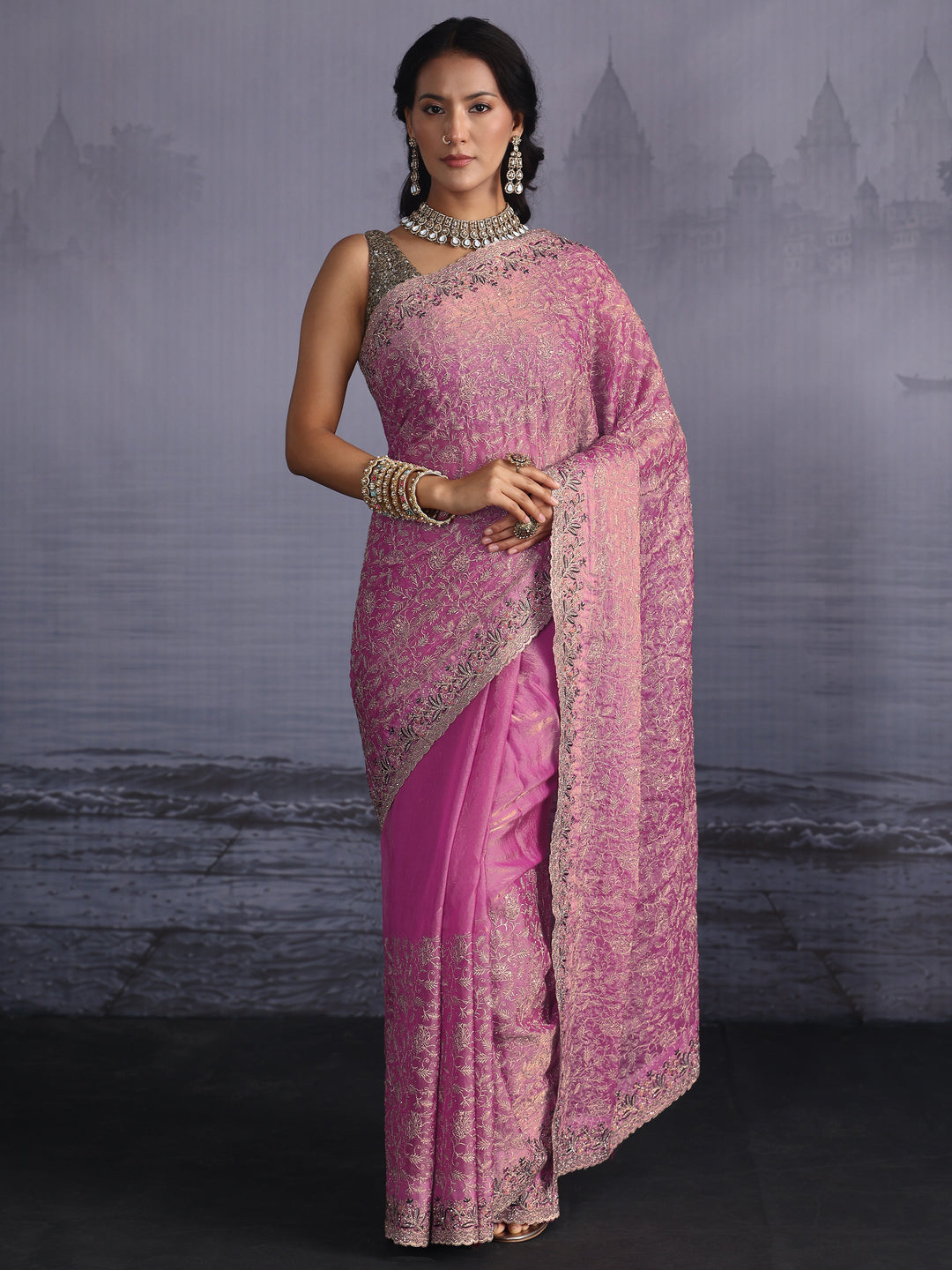  Libas Art Dusty Pink Floral Embroidered Stone Work Tissue Saree 