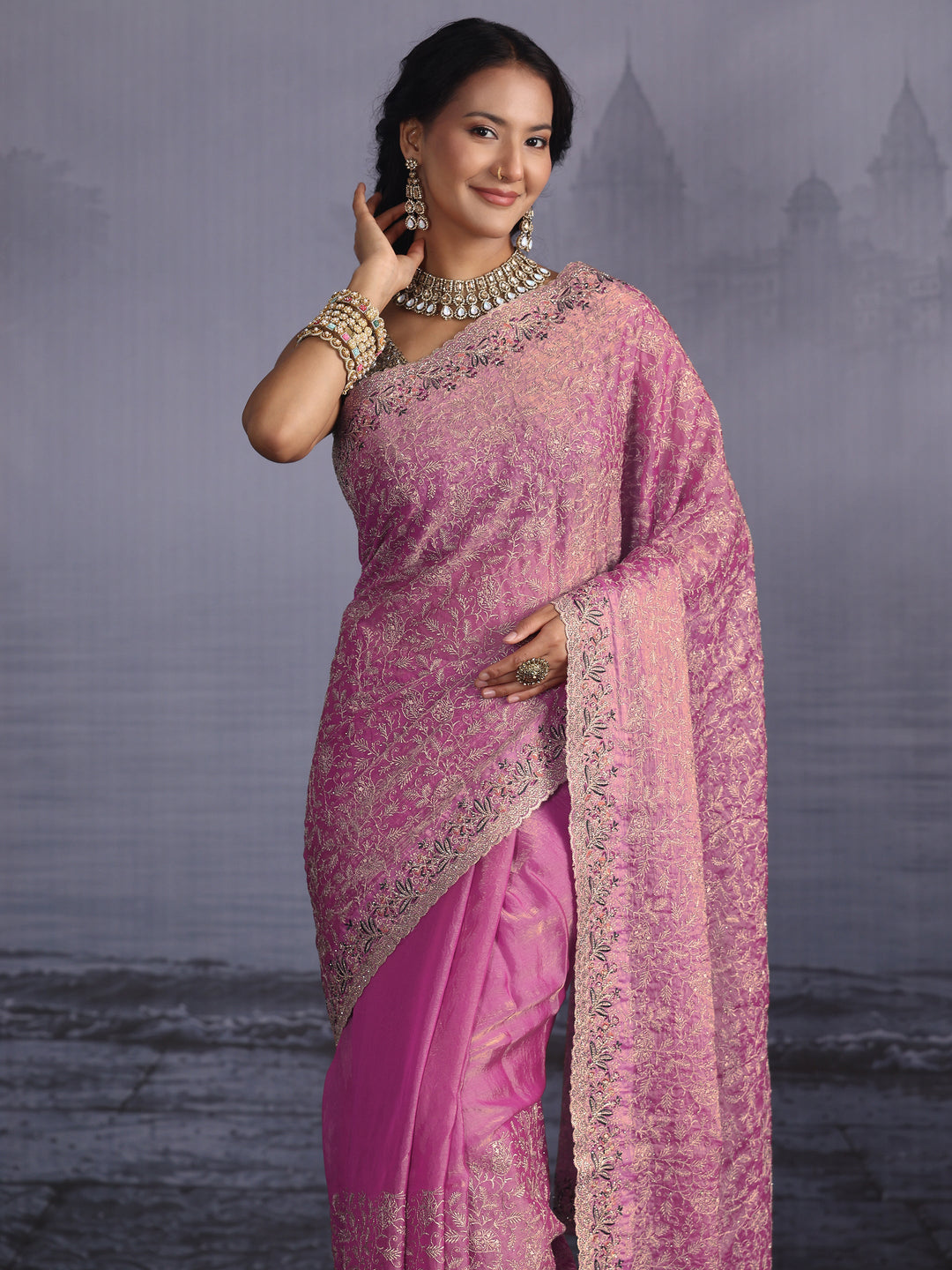  Libas Art Dusty Pink Floral Embroidered Stone Work Tissue Saree 