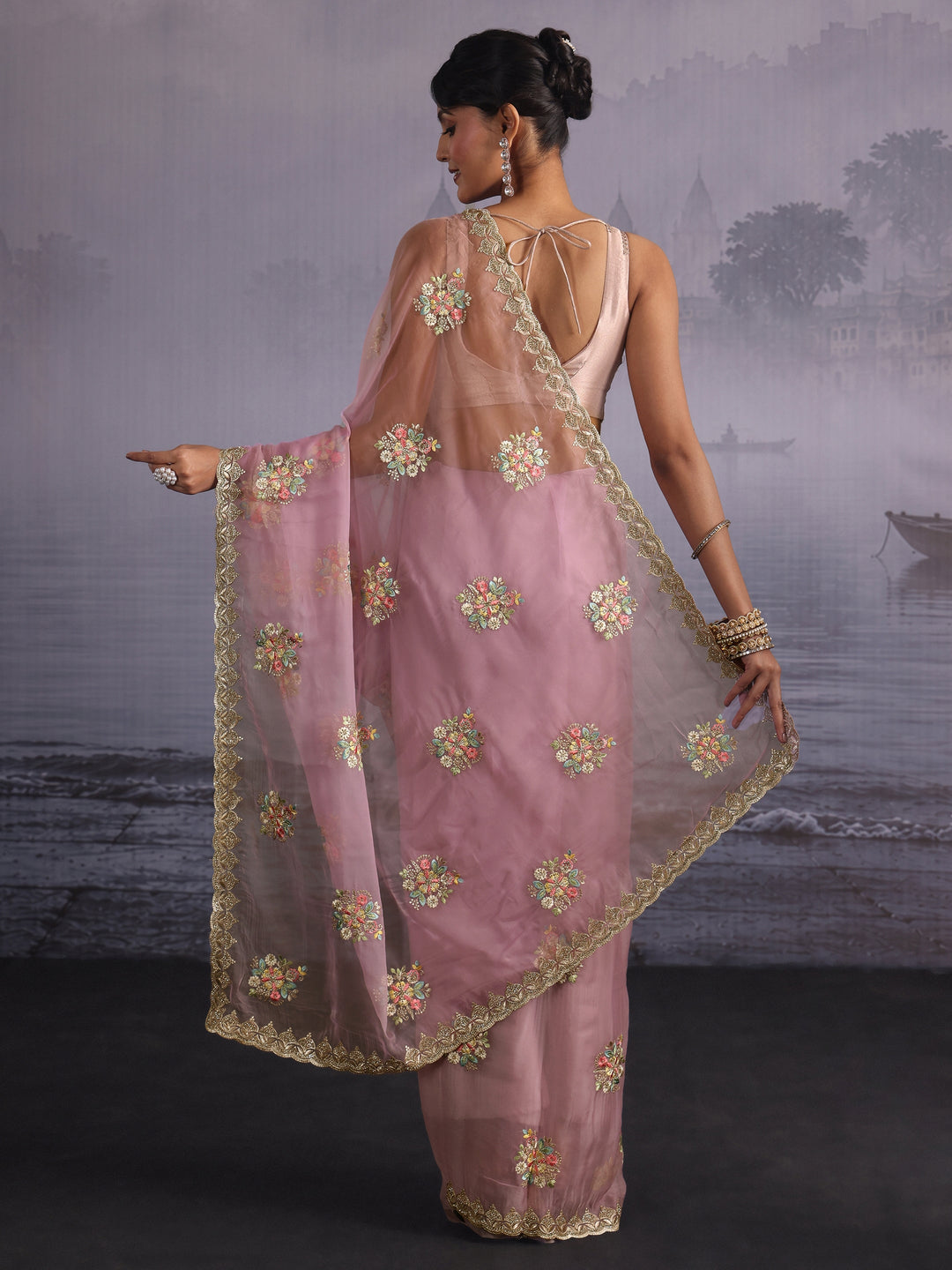  Libas Lavender Floral Embroidered Organza Saree with Stone Work 