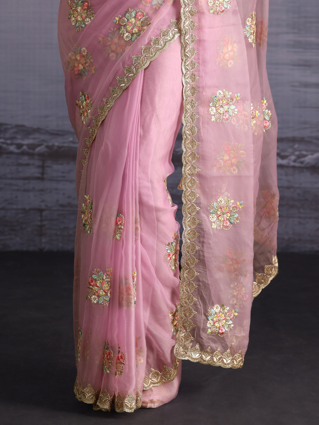  Libas Lavender Floral Embroidered Organza Saree with Stone Work 