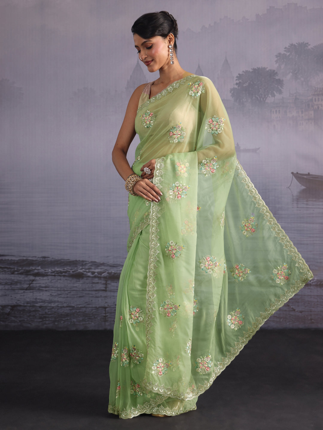  Libas Mint Green Floral Embroidered Organza Saree with Stone Work 