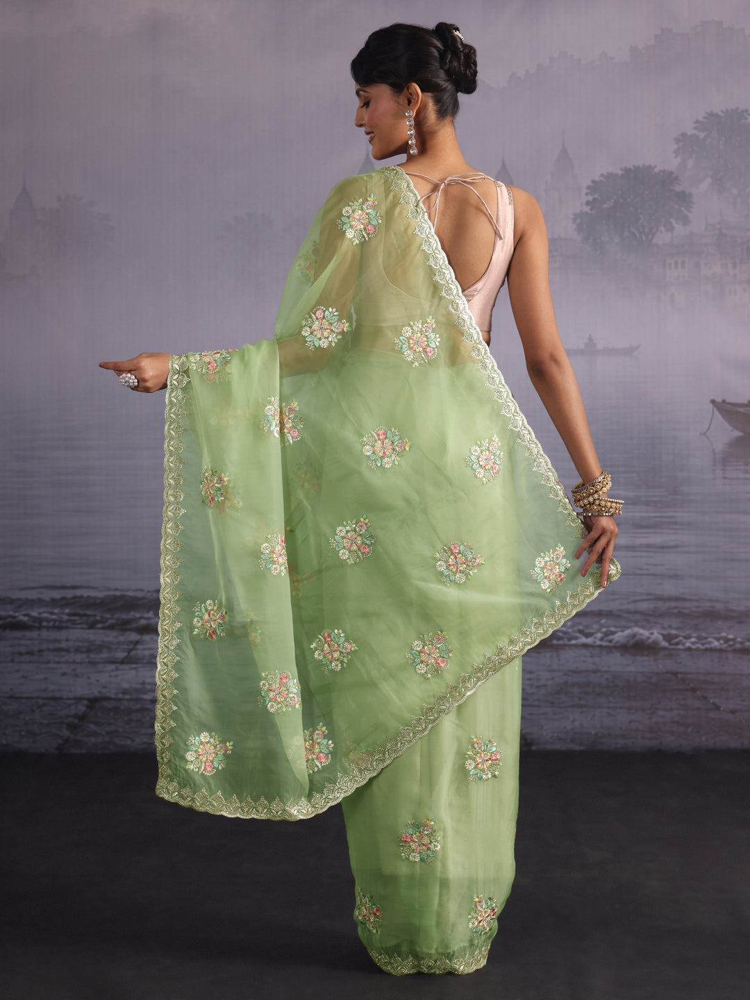  Libas Mint Green Floral Embroidered Organza Saree with Stone Work 