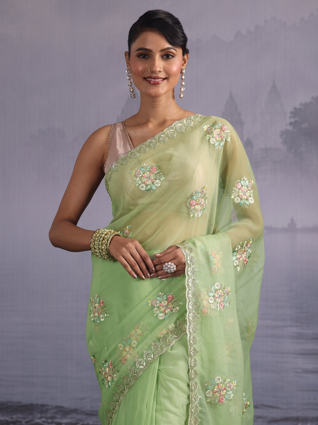  Libas Mint Green Floral Embroidered Organza Saree with Stone Work 