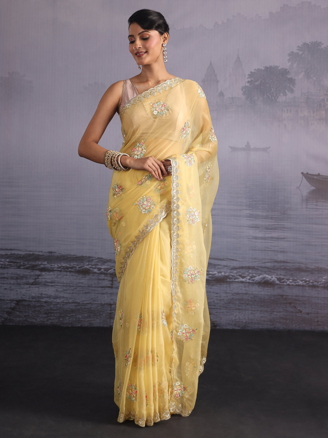  Libas Butter Yellow Floral Embroidered Organza Saree with Stone Work 