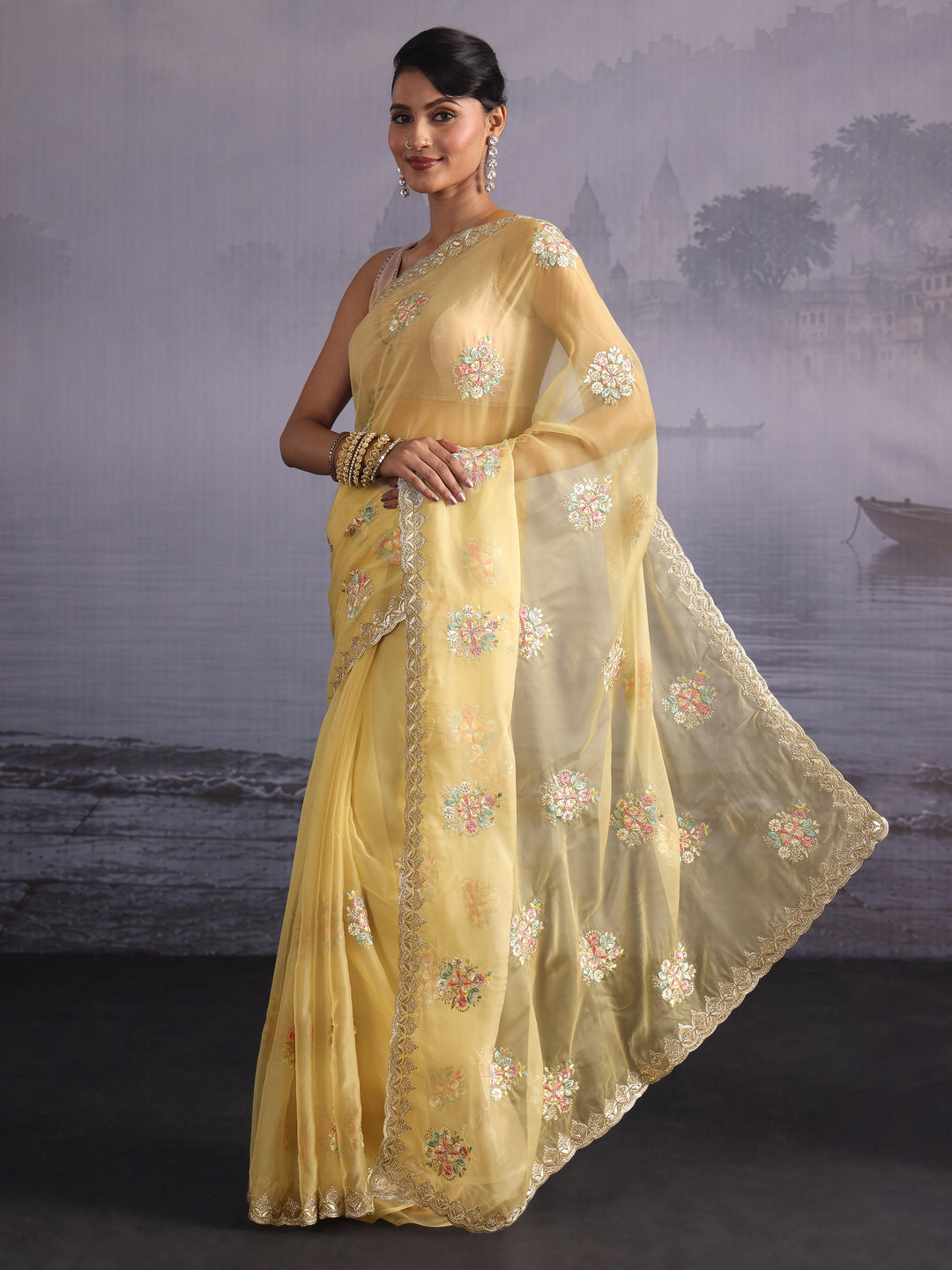  Libas Butter Yellow Floral Embroidered Organza Saree with Stone Work 