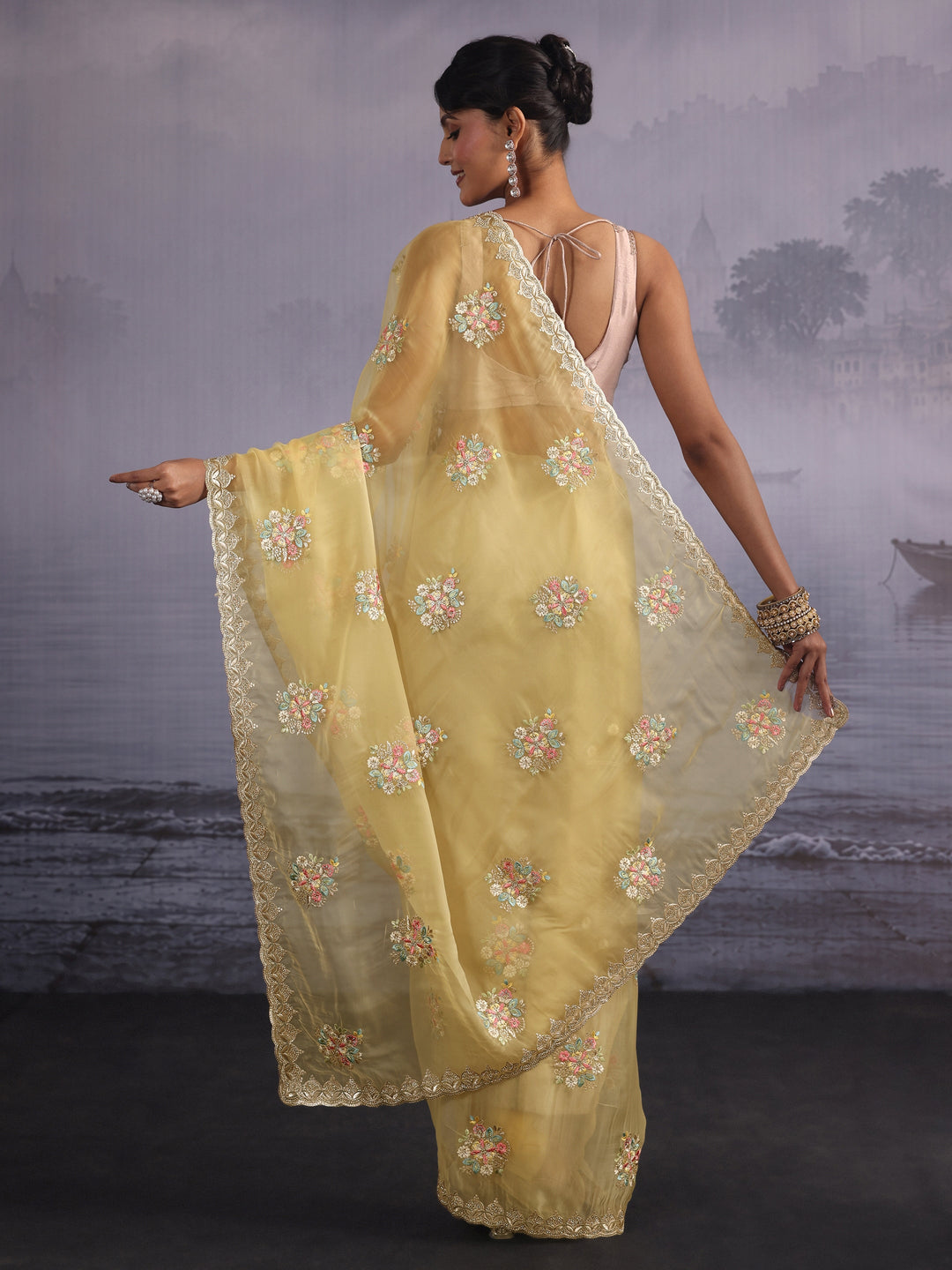  Libas Butter Yellow Floral Embroidered Organza Saree with Stone Work 