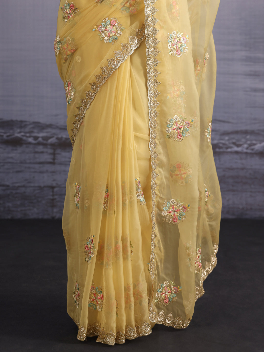  Libas Butter Yellow Floral Embroidered Organza Saree with Stone Work 