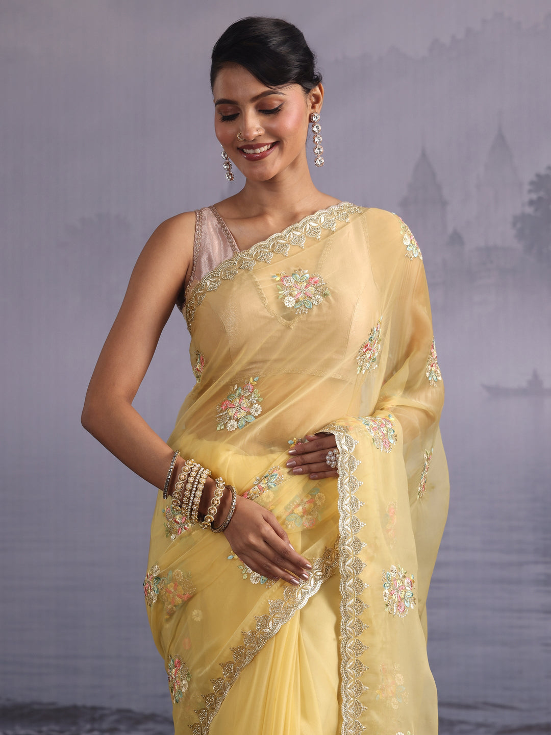  Libas Butter Yellow Floral Embroidered Organza Saree with Stone Work 