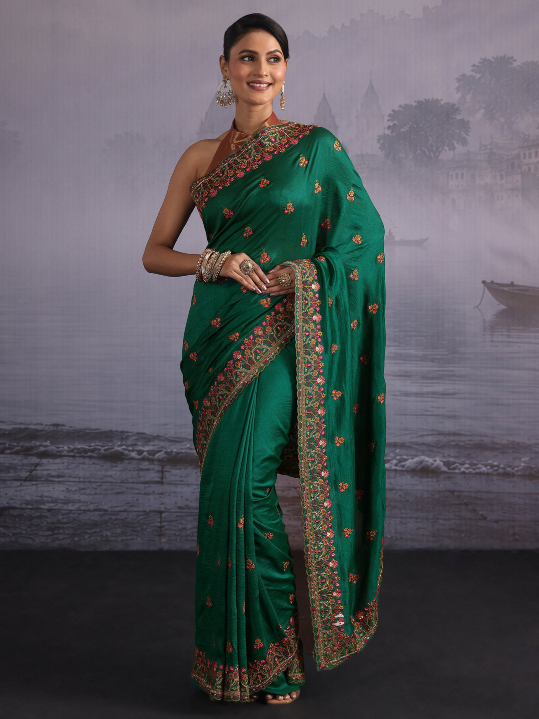  Libas Emerald Green Floral Embroidered Silk Blend Saree 