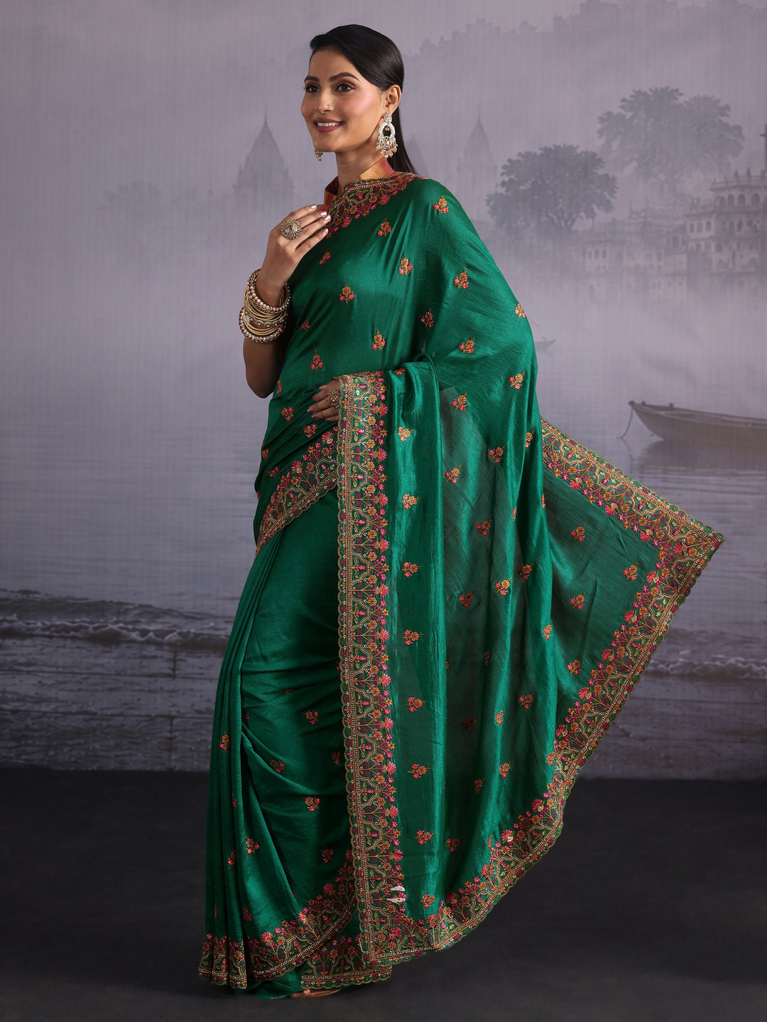  Libas Emerald Green Floral Embroidered Silk Blend Saree 
