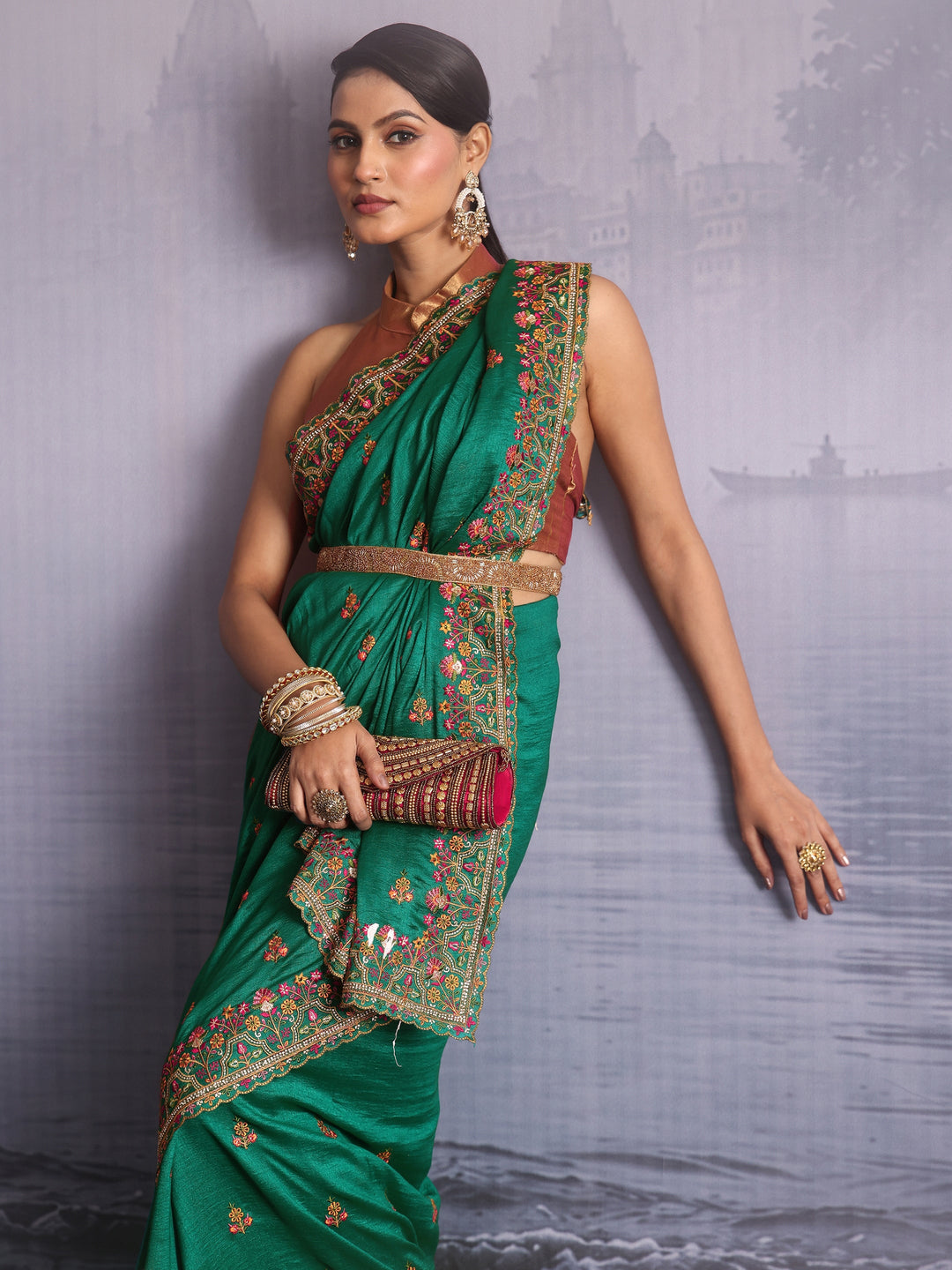  Libas Emerald Green Floral Embroidered Silk Blend Saree 