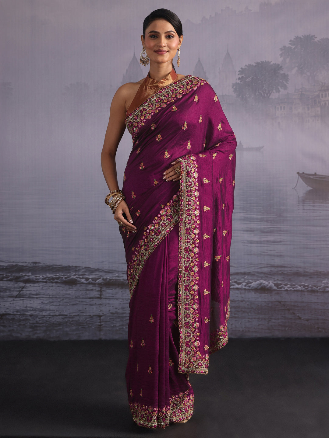  Libas Burgundy Floral Embroidered Silk Blend Saree 