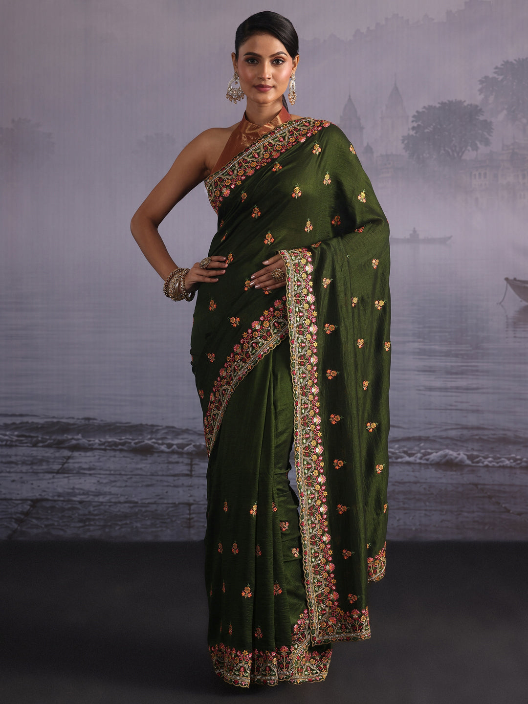  Libas Leaf Green Floral Embroidered Silk Blend Saree 