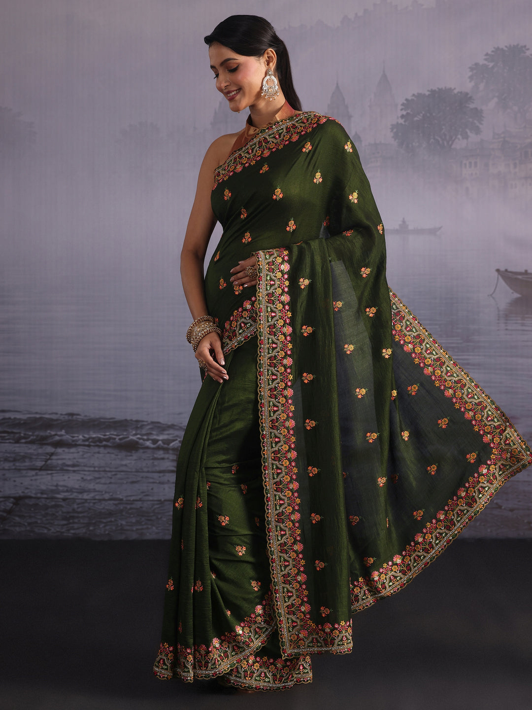  Libas Leaf Green Floral Embroidered Silk Blend Saree 