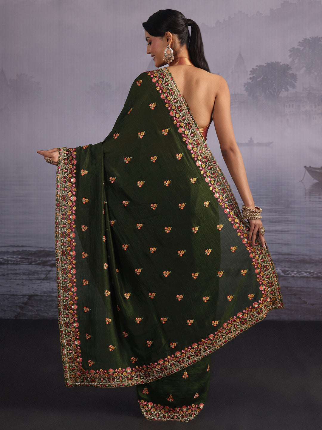  Libas Leaf Green Floral Embroidered Silk Blend Saree 