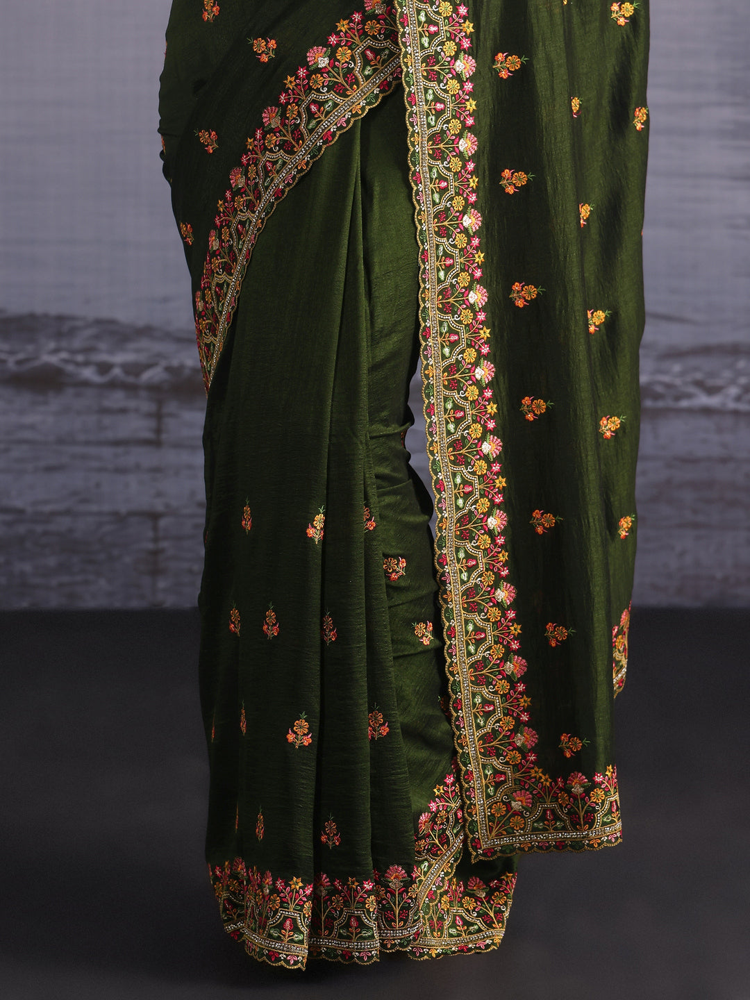  Libas Leaf Green Floral Embroidered Silk Blend Saree 