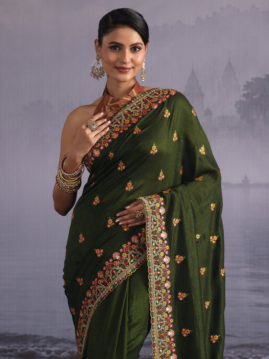  Libas Leaf Green Floral Embroidered Silk Blend Saree 