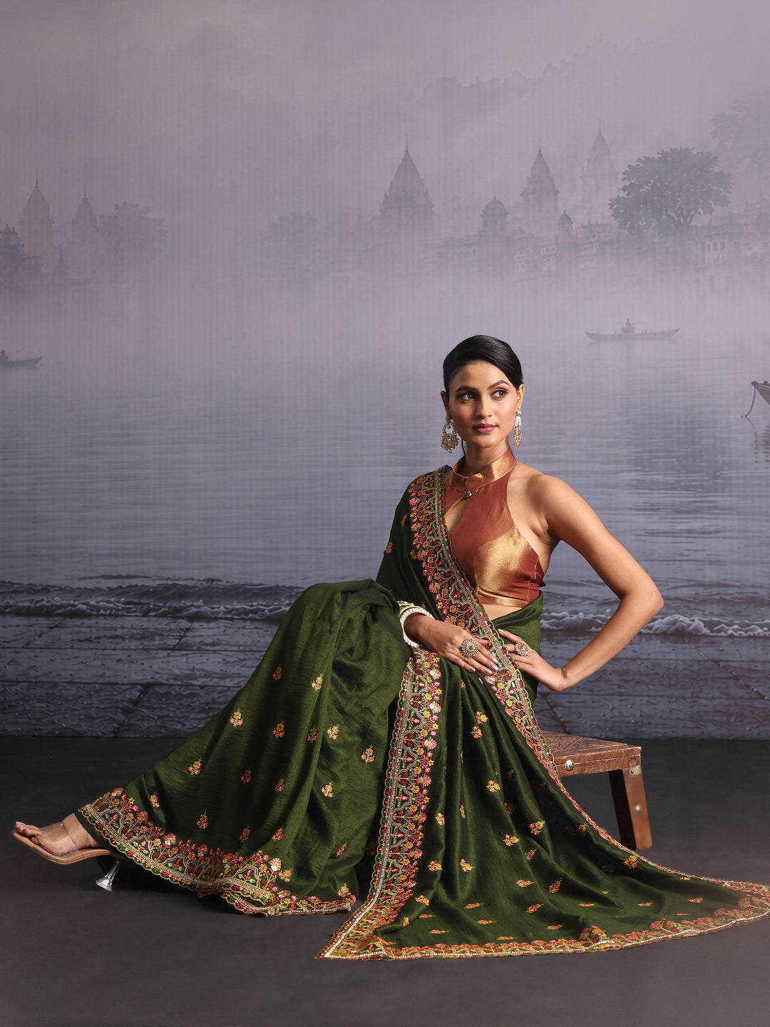  Libas Leaf Green Floral Embroidered Silk Blend Saree 