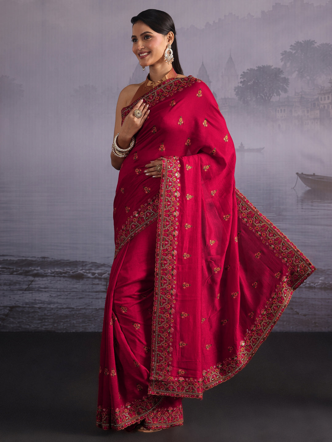  Libas Red Floral Embroidered Silk Blend Saree 