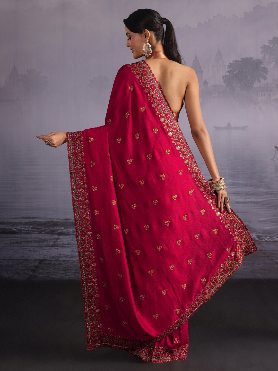  Libas Red Floral Embroidered Silk Blend Saree 
