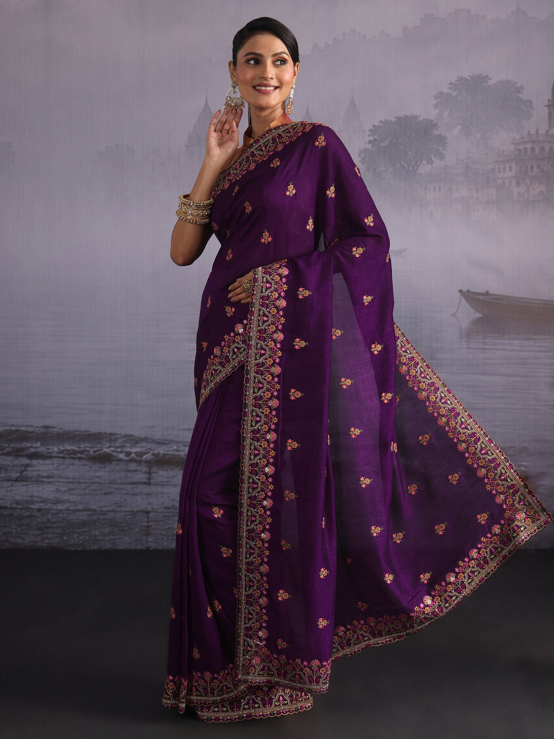  Libas Royal Purple Floral Embroidered Silk Blend Saree 