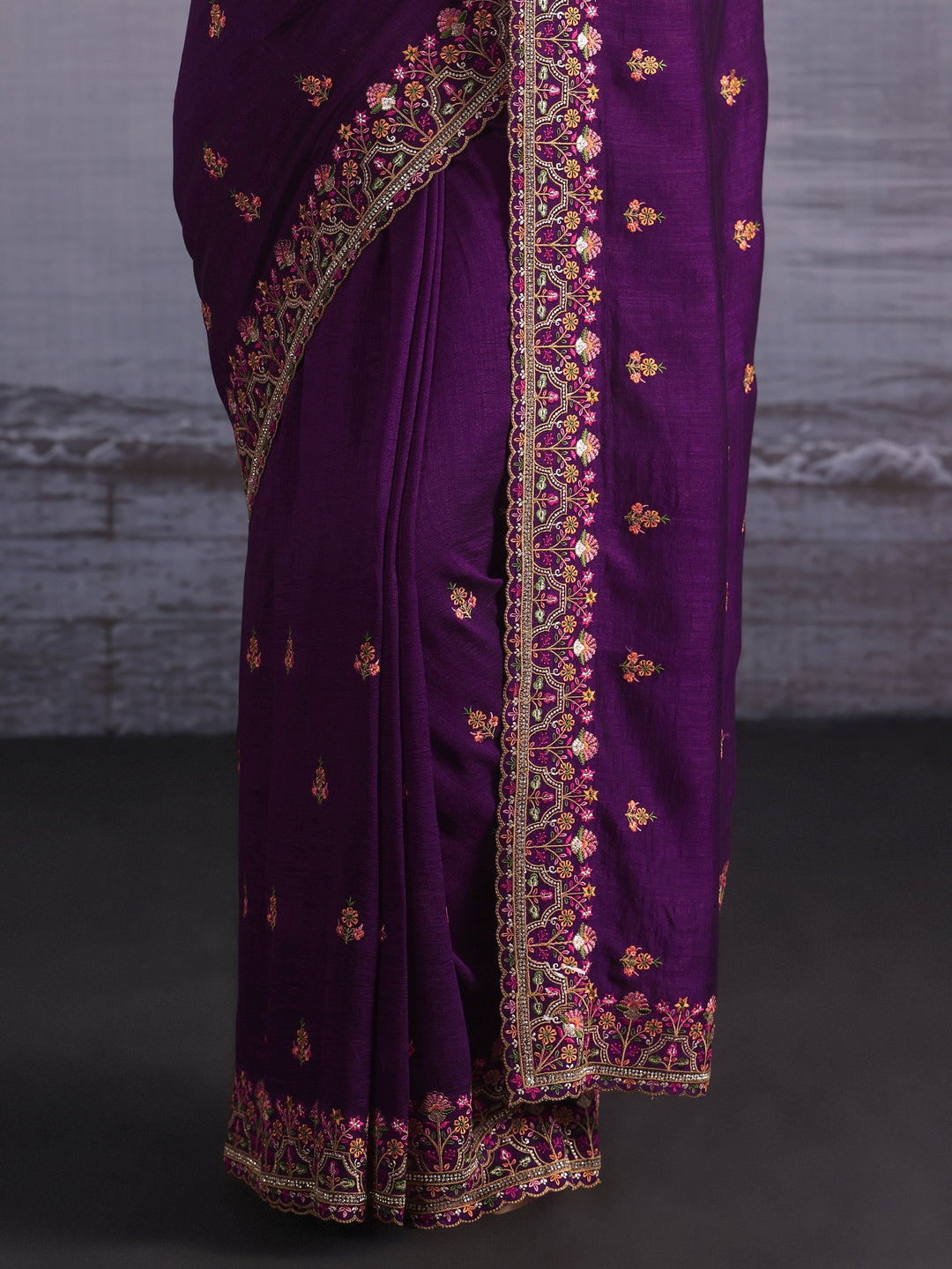  Libas Royal Purple Floral Embroidered Silk Blend Saree 
