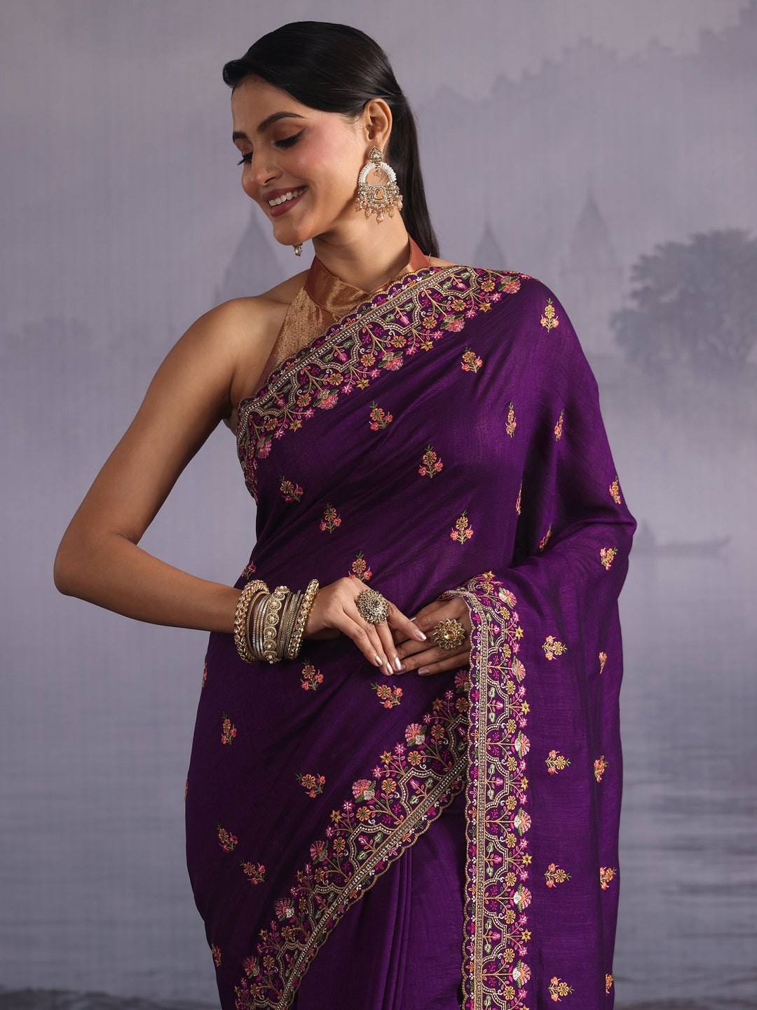  Libas Royal Purple Floral Embroidered Silk Blend Saree 
