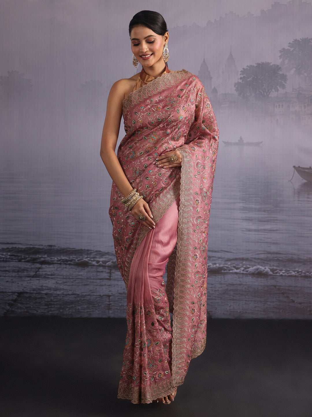  Libas Art Mauve Floral Embroidered Stone Work Net Saree 