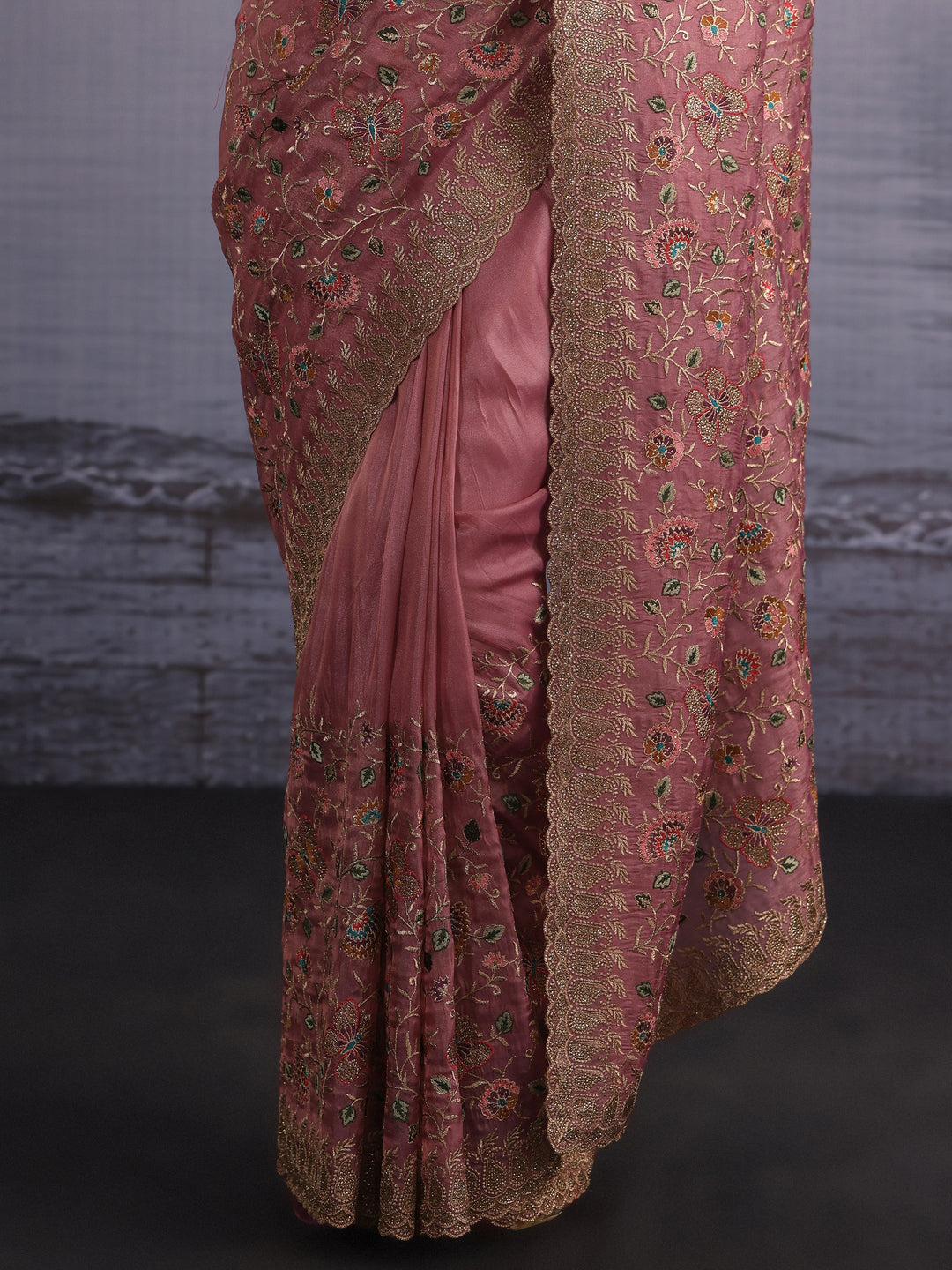  Libas Art Mauve Floral Embroidered Stone Work Net Saree 