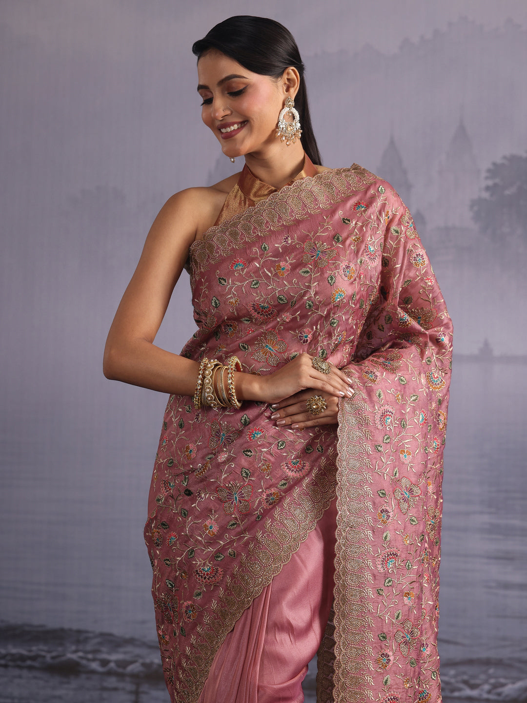  Libas Art Mauve Floral Embroidered Stone Work Net Saree 