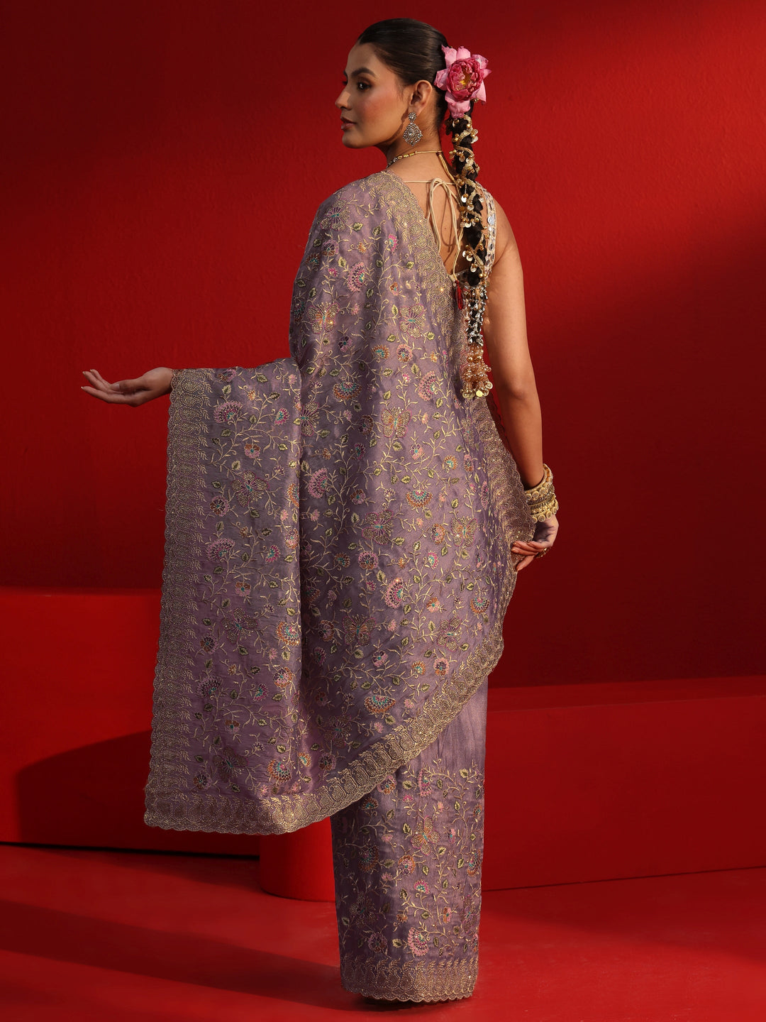 Libas Art Lavender Floral Embroidered Net Saree With Stone Work 