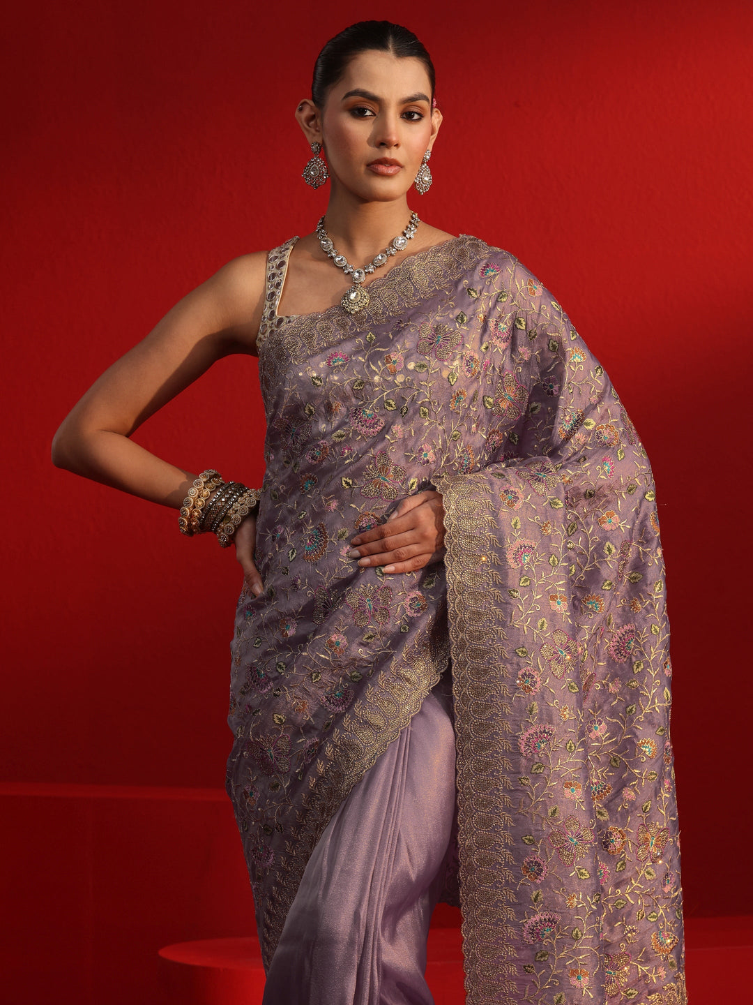  Libas Art Lavender Floral Embroidered Net Saree With Stone Work 