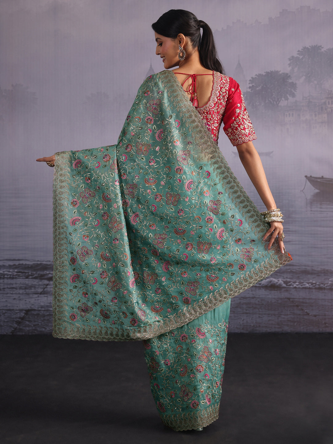  Libas Art Sea Green Floral Embroidered Stone Work Net Saree 
